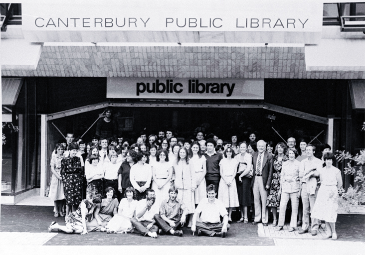 Canterbury Public Library staff outside the new library building on the corner of Gloucester Street and Oxford Terrace Canterbury Public Library staff outside the new library building on the corner of Gloucester Street and Oxford Terrace