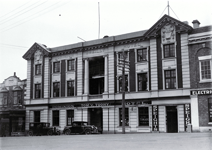 Dominion Hotel at the top of Stafford Street, on the corner of Sefton Street, Timaru Dominion Hotel at the top of Stafford Street, on the corner of Sefton Street, Timaru