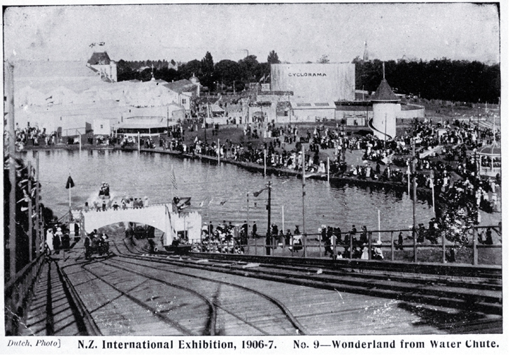 A view of Wonderland and the rest of the New Zealand International Exhibition 1906-1907 from the top of the waterchute A view of Wonderland and the rest of the New Zealand International Exhibition 1906-1907 from the top of the waterchute