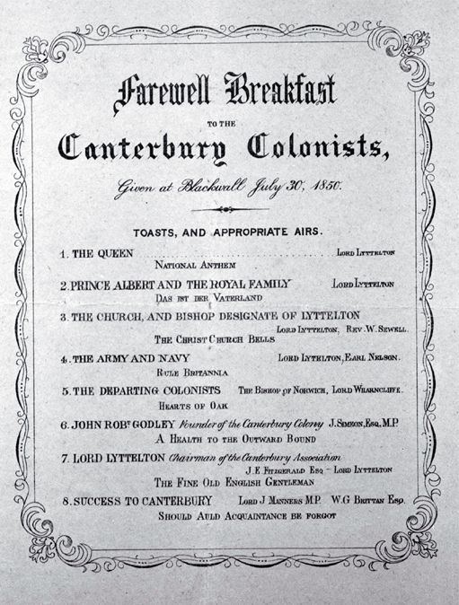 Lists of toasts and appropriate airs at the farewell breakfast to the Canterbury colonists given at Blackwell Lists of toasts and appropriate airs at the farewell breakfast to the Canterbury colonists given at Blackwell