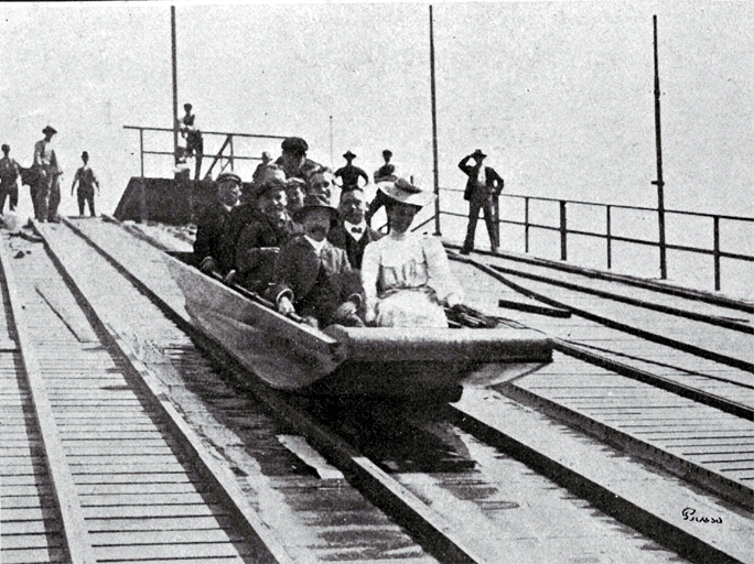 New Zealand International Exhibition 1906-1907 : sequence of going down the water chute. New Zealand International Exhibition 1906-1907 : sequence of going down the water chute.