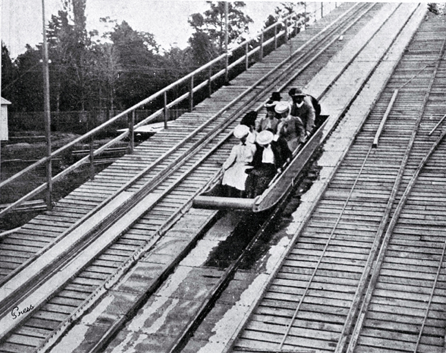 New Zealand International Exhibition 1906-1907 : sequence of going down the water chute. New Zealand International Exhibition 1906-1907 : sequence of going down the water chute.