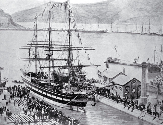 Lyttelton Harbour, showing sailing ship 