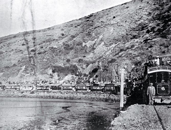 Returning from Sumner seaside to Christchurch by steam tram Returning from Sumner seaside to Christchurch by steam tram