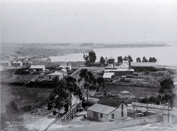 View from Maori Hill across to Dashing Rocks (the area of the Freezing Works), Timaru : to the right is a sawmill. View from Maori Hill across to Dashing Rocks (the area of the Freezing Works), Timaru : to the right is a sawmill.