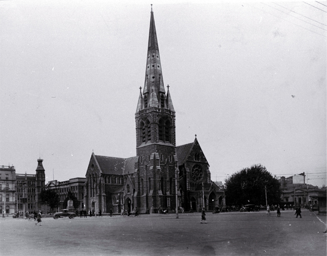 The Cathedral and Square, Christchurch : to the left is The Press building & Government Building, & at right is the Bank of New Zealand. The Cathedral and Square, Christchurch : to the left is The Press building & Government Building, & at right is the Bank of New Zealand.