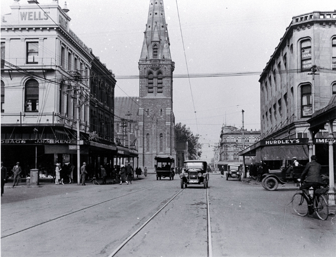Looking south down Colombo Street through Cathedral Square from the corner of Gloucester and Colombo Street, Christchurch Looking south down Colombo Street through Cathedral Square from the corner of Gloucester and Colombo Street, Christchurch
