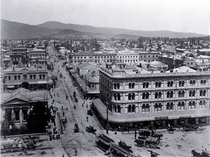 Bank of New Zealand, Morten's Building, and the commercial block of Colombo Street looking south from the Cathedral Bank of New Zealand, Morten's Building, and the commercial block of Colombo Street looking south from the Cathedral