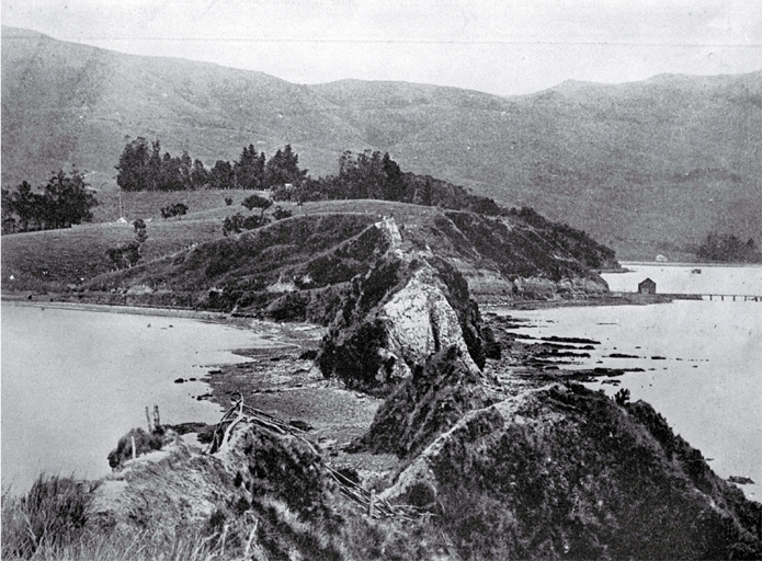 A historic spot in Akaroa Harbour at the neck of the Onawe Peninsula : remains of the Takapuneke Pa can still be seen. A historic spot in Akaroa Harbour at the neck of the Onawe Peninsula : remains of the Takapuneke Pa can still be seen.