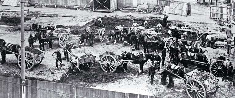 Excavating the site of the Tramway Offices for the new Government Buildings, Christchurch, using horses and carts Excavating the site of the Tramway Offices for the new Government Buildings, Christchurch, using horses and carts