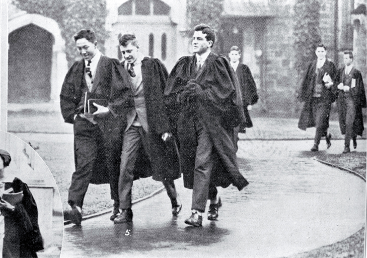 Undergraduate students in gowns in the quadrangle on their way to lecture rooms, Canterbury College Undergraduate students in gowns in the quadrangle on their way to lecture rooms, Canterbury College