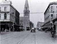 Looking south down Colombo Street through Cathedral Square from the corner of Gloucester and Colombo Street, Christchurch