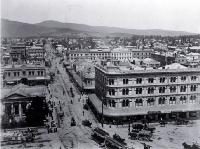 Bank of New Zealand, Morten's Building, and the commercial block of Colombo Street looking south from the Cathedral