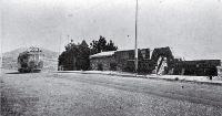 A tram arriving at the tram terminus rest-rooms (later the Sign of the Takahe) Hackthorne Road, Christchurch