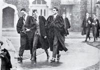 Undergraduate students in gowns in the quadrangle on their way to lecture rooms, Canterbury College