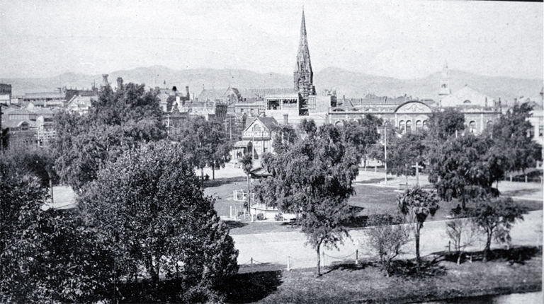 Victoria Square looking past the band rotunda towards the Cathedral spire Victoria Square looking past the band rotunda towards the Cathedral spire