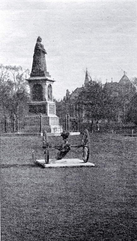 A pom pom gun captured from the Boers in front of the statue of Queen Victoria A pom pom gun captured from the Boers in front of the statue of Queen Victoria
