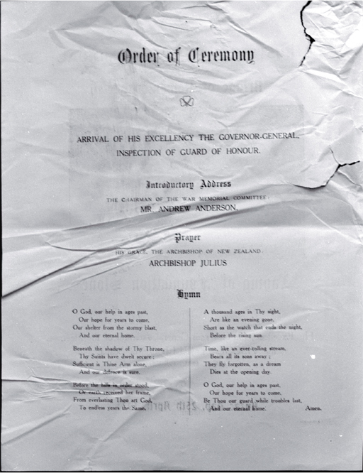 Page one of the order of ceremony for the laying of the foundation stone, Bridge of Remembrance Page one of the order of ceremony for the laying of the foundation stone, Bridge of Remembrance