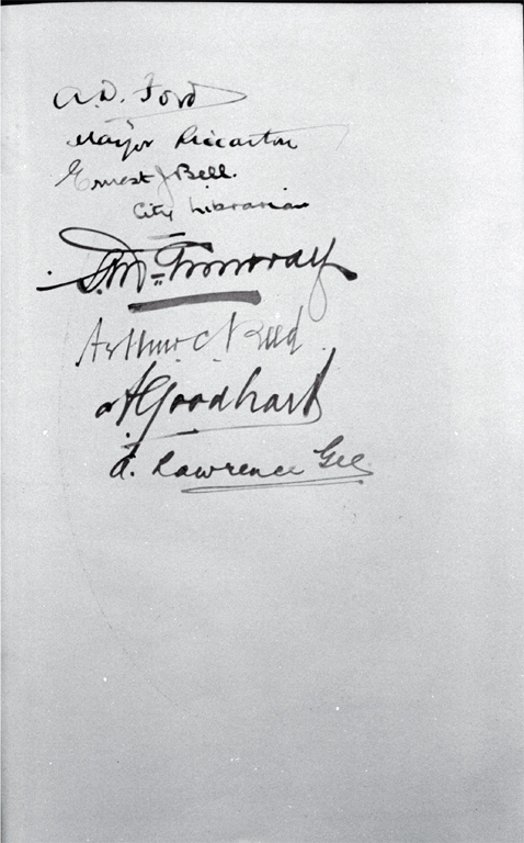 Page two of the signatures placed in "The History of the Canterbury Regiment 1914-1919", foundation stone ceremony, Bridge of Remembrance Page two of the signatures placed in "The History of the Canterbury Regiment 1914-1919", foundation stone ceremony, Bridge of Remembrance