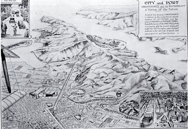 Map of a scheme suggested by the Port and City Committee showing a new road tunnel to Lyttelton Map of a scheme suggested by the Port and City Committee showing a new road tunnel to Lyttelton