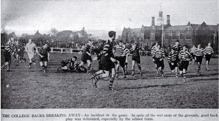 Christ's College versus Christchurch Boys' High School : shown in the annual School-College rugby match. Christ's College versus Christchurch Boys' High School : shown in the annual School-College rugby match.