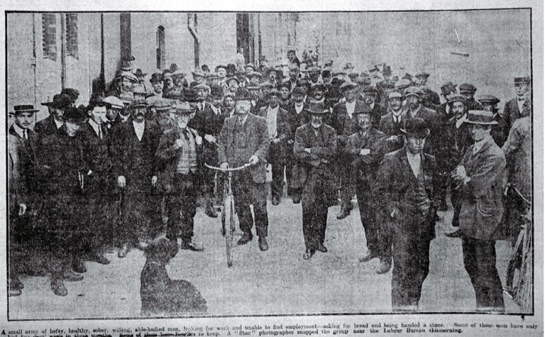 Unemployed men gather outside the Labour Bureau, Christchurch Unemployed men gather outside the Labour Bureau, Christchurch