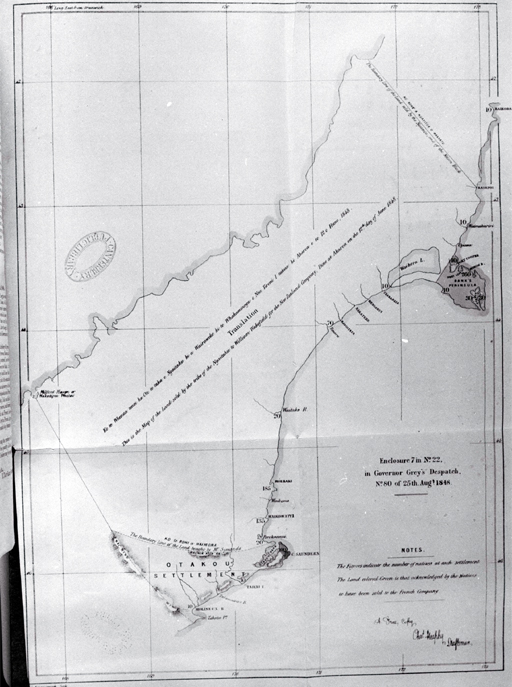 Map of land sold by Ngai Tahu to William Wakefield for the New Zealand Company, drawn on 12 June 1848 by Charles Heaphy Map of land sold by Ngai Tahu to William Wakefield for the New Zealand Company, drawn on 12 June 1848 by Charles Heaphy