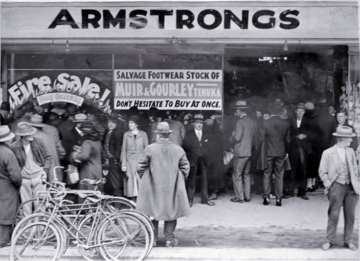 Fire sale, salvage stock of Muir & Gourley, Temuka, at T. Armstrong & Co. premises, corner of Colombo and Armagh Streets Fire sale, salvage stock of Muir & Gourley, Temuka, at T. Armstrong & Co. premises, corner of Colombo and Armagh Streets
