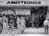 Fire sale, salvage stock of Muir & Gourley, Temuka, at T. Armstrong & Co. premises, corner of Colombo and Armagh Streets