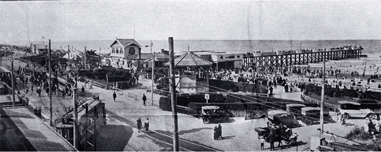 General view of pier and enclosures : showing terminus of two trams and pier front. General view of pier and enclosures : showing terminus of two trams and pier front.
