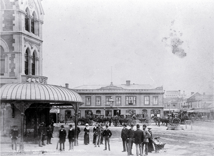 Hackney and hansom cabs at City Hotel crossing at the intersection of Colombo and High Streets : with Fishers' building at left. Hackney and hansom cabs at City Hotel crossing at the intersection of Colombo and High Streets : with Fishers' building at left.