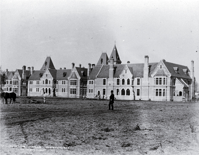 A man ploughs outside Sunnyside Asylum, Christchurch A man ploughs outside Sunnyside Asylum, Christchurch