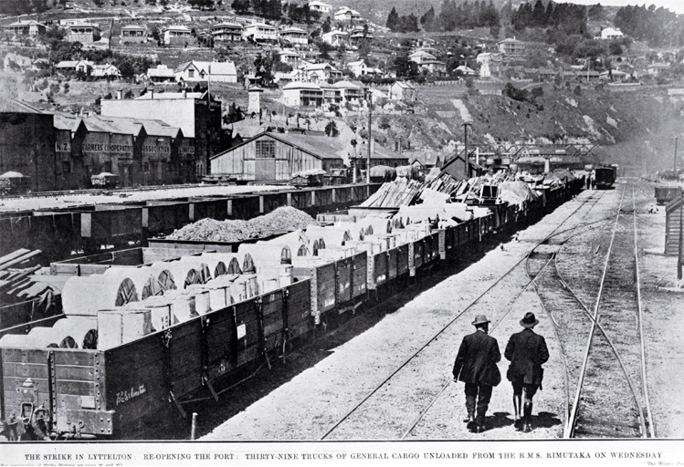 The port at Lyttelton re-opening after the strike : showing the rail-yards with 39 trucks of general cargo unloaded from the S.S. Rimutaka The port at Lyttelton re-opening after the strike : showing the rail-yards with 39 trucks of general cargo unloaded from the S.S. Rimutaka