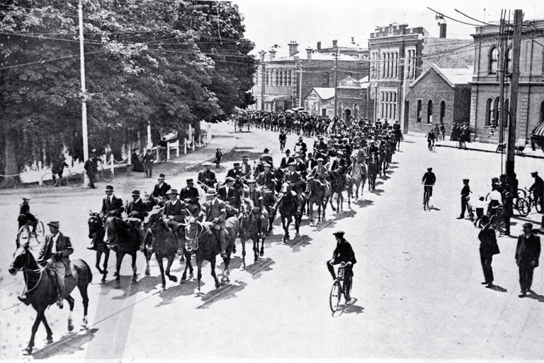 Mounted special constables passing along Oxford Terrace, Christchurch Mounted special constables passing along Oxford Terrace, Christchurch