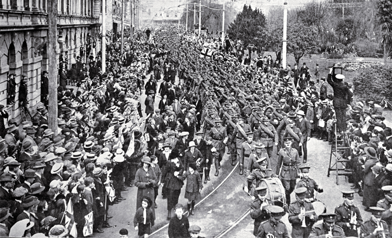 The march of the 16th Infantry, reinforcements for ANZACs, through Christchurch streets The march of the 16th Infantry, reinforcements for ANZACs, through Christchurch streets