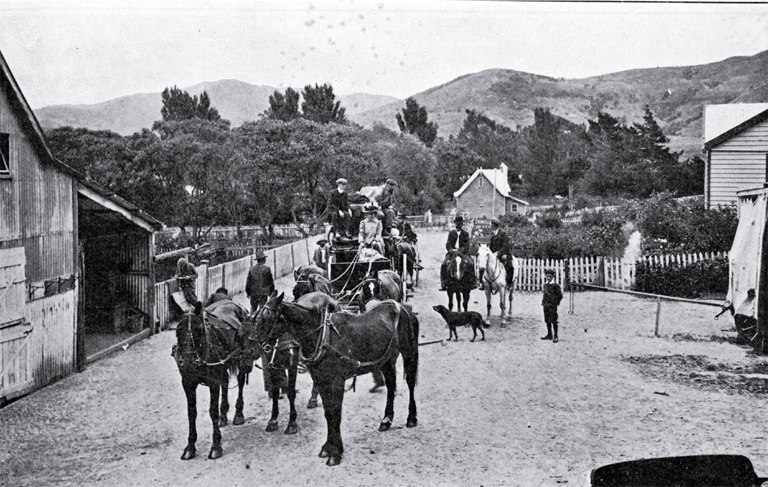The coach to Akaroa at Duvauchelle's Bay, Banks Peninsula The coach to Akaroa at Duvauchelle's Bay, Banks Peninsula
