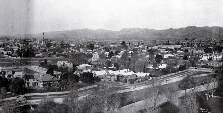 Panorama view of Christchurch from the Exhibition Tower looking to the east, with the Avon River/ Park Terrace in foreground Panorama view of Christchurch from the Exhibition Tower looking to the east, with the Avon River/ Park Terrace in foreground