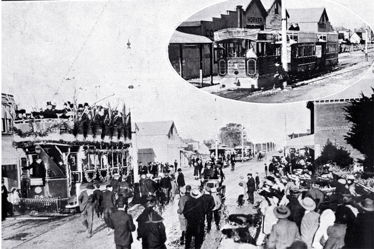 The official arrival at Papanui during the opening of the branch line to Papanui of the Christchurch electrical tramway The official arrival at Papanui during the opening of the branch line to Papanui of the Christchurch electrical tramway