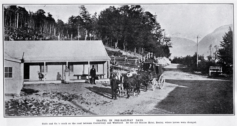 Travel in pre-railway days : Cobb and Co's coach on the road between Canterbury and Westland, at the old Glacier Hotel, Bealey, where horses were changed. Travel in pre-railway days : Cobb and Co's coach on the road between Canterbury and Westland, at the old Glacier Hotel, Bealey, where horses were changed.