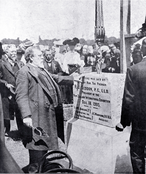 New Zealand International Exhibition : the laying of the foundation stone by the Premier, Mr Seddon. New Zealand International Exhibition : the laying of the foundation stone by the Premier, Mr Seddon.