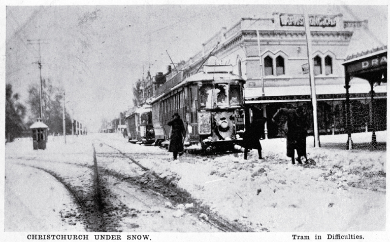 A tram runs into difficulties, at the corner of Colombo and Armagh Streets, when Christchurch was hit by snow A tram runs into difficulties, at the corner of Colombo and Armagh Streets, when Christchurch was hit by snow