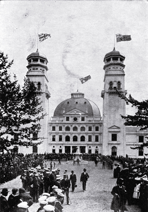 The main entrance building to the New Zealand International Exhibition 1906/7, Hagley Park, Christchurch The main entrance building to the New Zealand International Exhibition 1906/7, Hagley Park, Christchurch