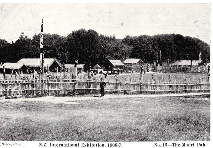 The Maori pa (Te Araiteuru Pa) constructed for the New Zealand International Exhibition 1906/7, Hagley Park, Christchurch The Maori pa (Te Araiteuru Pa) constructed for the New Zealand International Exhibition 1906/7, Hagley Park, Christchurch