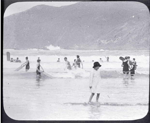 Swimmers in the surf, possibly at a Wellington beach Swimmers in the surf, possibly at a Wellington beach