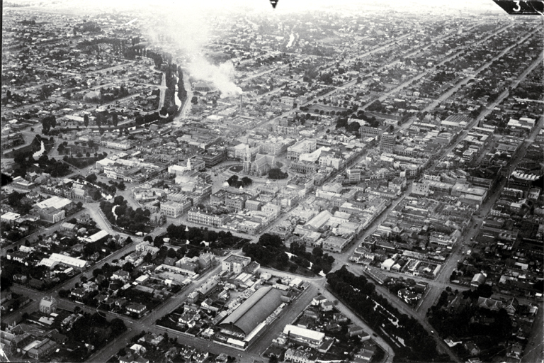 Smoke emanates from the City Council's destructor in an aerial photo of the central city, Christchurch Smoke emanates from the City Council's destructor in an aerial photo of the central city, Christchurch