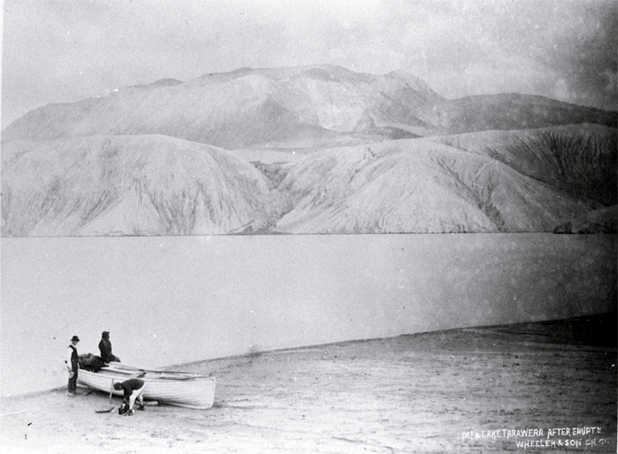The photographic team of W. E. Sorrell (Wheeler & Son) by Lake Rotomahana after the eruption on the site of Te Ariki The photographic team of W. E. Sorrell (Wheeler & Son) by Lake Rotomahana after the eruption on the site of Te Ariki