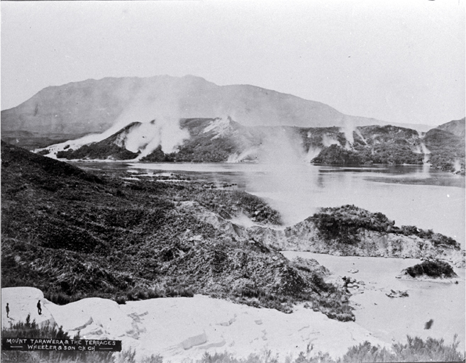 Lake Rotomahana & the foot of the Pink Terraces : to the right is the sulphur crater Whakatarata, in the background is Tarawera. Lake Rotomahana & the foot of the Pink Terraces : to the right is the sulphur crater Whakatarata, in the background is Tarawera.
