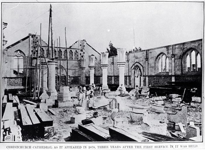 Christchurch Cathedral as it appeared in 1878, three years after the first service in it was held Christchurch Cathedral as it appeared in 1878, three years after the first service in it was held