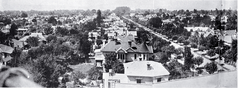 Half of a panorama of Merivale and St. Albans from the spire of the St. Albans Methodist Church, Rugby Street running through centre Half of a panorama of Merivale and St. Albans from the spire of the St. Albans Methodist Church, Rugby Street running through centre