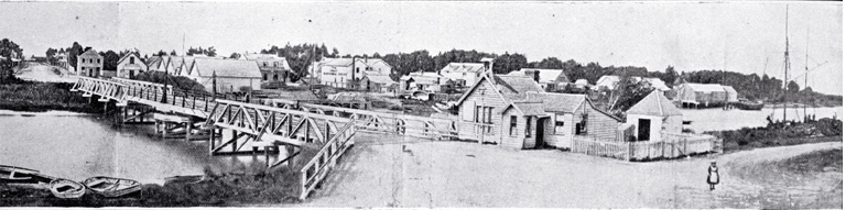 The old Kaiapoi bridge and the north side of town in 1864, North Canterbury The old Kaiapoi bridge and the north side of town in 1864, North Canterbury